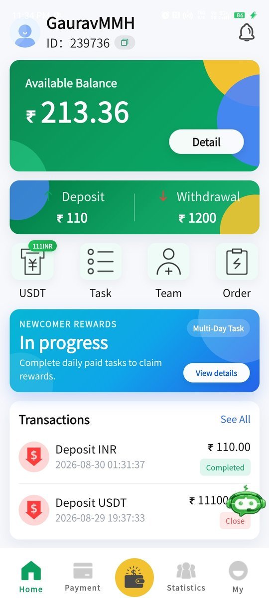 QQ Pay Home screen – Available Balance & Home